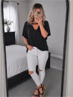 Black Distressed V-Neck Top | Edgy Distressed Cutout Tee | Size Large